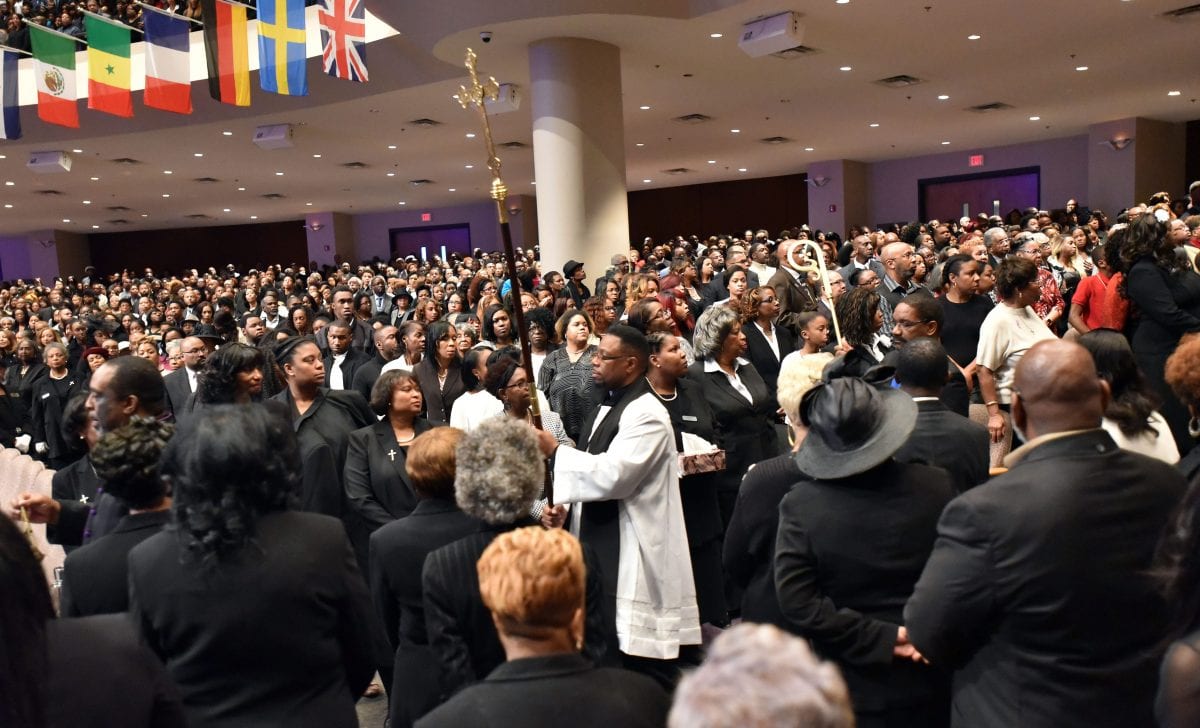 JANUARY 25, 2017 LITHONIA Mourners fill the sanctuary as the processional comes into the church during the Homegoing services for Bishop Eddie Long, senior pastor, at New Birth Missionary Baptist Church, Wednesday, January 25, 2017. Bishop Long died January 15th, after a long-time fight with cancer. He was 63 years old. Hyosub Shin/AJC