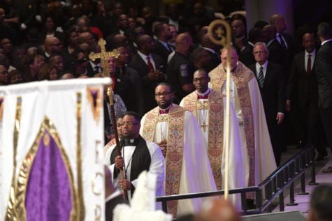 JANUARY 25, 2017 LITHONIA The processional enters the sanctuary during the Home-going services for Bishop Eddie Long, senior pastor, at New Birth Missionary Baptist Church, Wednesday, January 25, 2017. Bishop Long died January 15th, after a long-time fight with cancer. He was 63 years old. Hyosub Shin/AJC