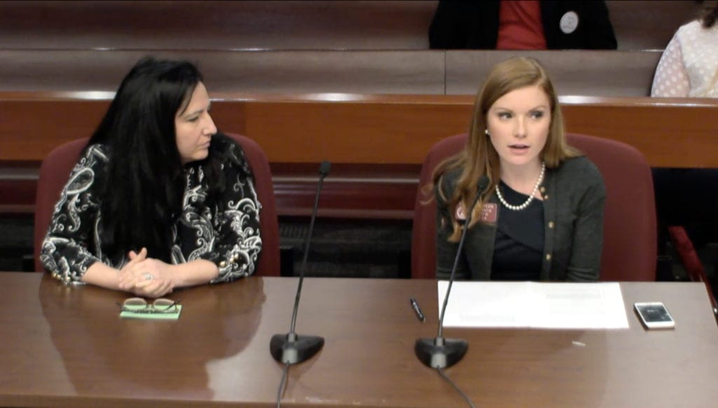 Rep. Meagan Hanson (left) and DeKalb District 1 Commissioner Nancy Jester present HB 961 to Governmental Affairs Committee. Screenshot via LiveStream