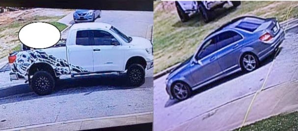 Police are searching for this white Toyota Tundra, which was carjacked from a construction worker, and the gray Mercedes Benz in which three suspects were riding.   