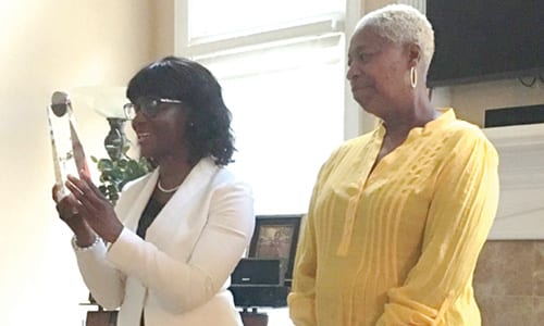 Stonecrest District 5 Councilwoman Diane Adoma  presented the Cynthia Houston Award to Idonia Hunter on Aug. 25.