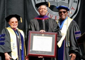 Rep. Johnson (GA-04) receives an honorary Doctor of Laws degree from his alma mater Clark Atlanta University. From left: Bettye Clark, Interim Provost and Vice President for AcademicAffairs, Rep. Johnson, and CAU President Ronald Johnson.