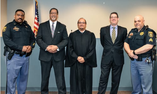 Deputy Adrian Pascoe, Mayor Jason Lary, Judge Michael Sheridan, City Solicitor Lenny Felgin and Sergeant Nick Mendez. Photo provided