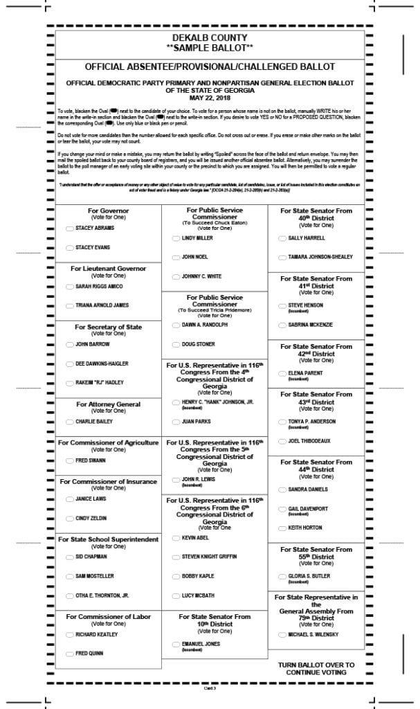 DeKalb County sample ballot General Primary Election May 22, 2018