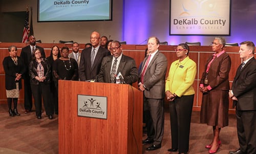 DeKalb County School District Superintendent Dr. R. Stephen Green, along with other district officials, held a press conference addressing the absence of bus drivers on April 19. Photo by Travis Hudgons