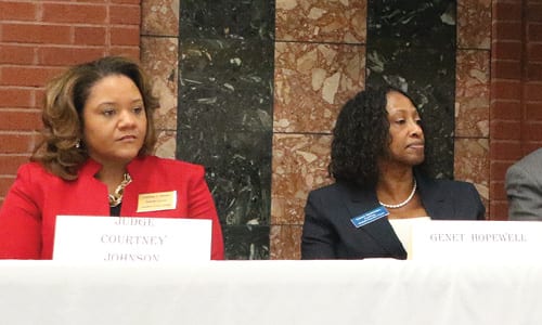 L-R: Judge Courtney Johnson and her opponent Attorney Genet Hopewell at a candidate forum. Photo by Glenn L. Morgan