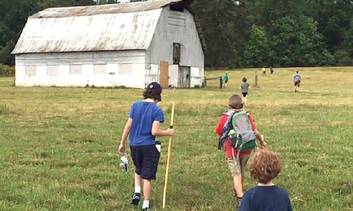 Kids hiking and exploring along the Meadow Loop Trail at historic Vaughters’ Farm. Photo provided