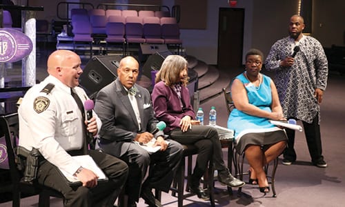 R-L: Lt. Jake Coggins of the Rockdale Sheriff’s Office, State Court Judge Ronald Ramsey, State Rep. Pamela Stephenson, State Rep. Doreen Carter and Springfield Baptist Church’s Pastor Eric Lee, Sr. Photo by Glenn L. Morgan