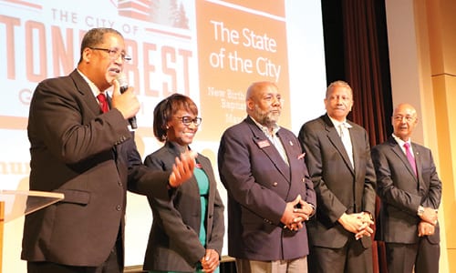 L-R: Stonecrest Mayor Jason Lary stands with four of the five City Council members Diane Adoma, Rob Turner, Jimmy Clanton, George Turner during the State of the City address. Council Jazzmin Cobble was not present at the time of the picture but arrived later. Photo by Glenn L. Morgan