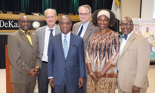 Pictured L-R: Commissioner Larry Johnson, ANDP President and CEO John O’Callaghan, DeKalb CEO Michael Thurmond, Commissioner Jeff Rader, Lithonia Mayor Deborah Jackson and Commissioner Gregory Adams. Photo by Glenn L. Morgan