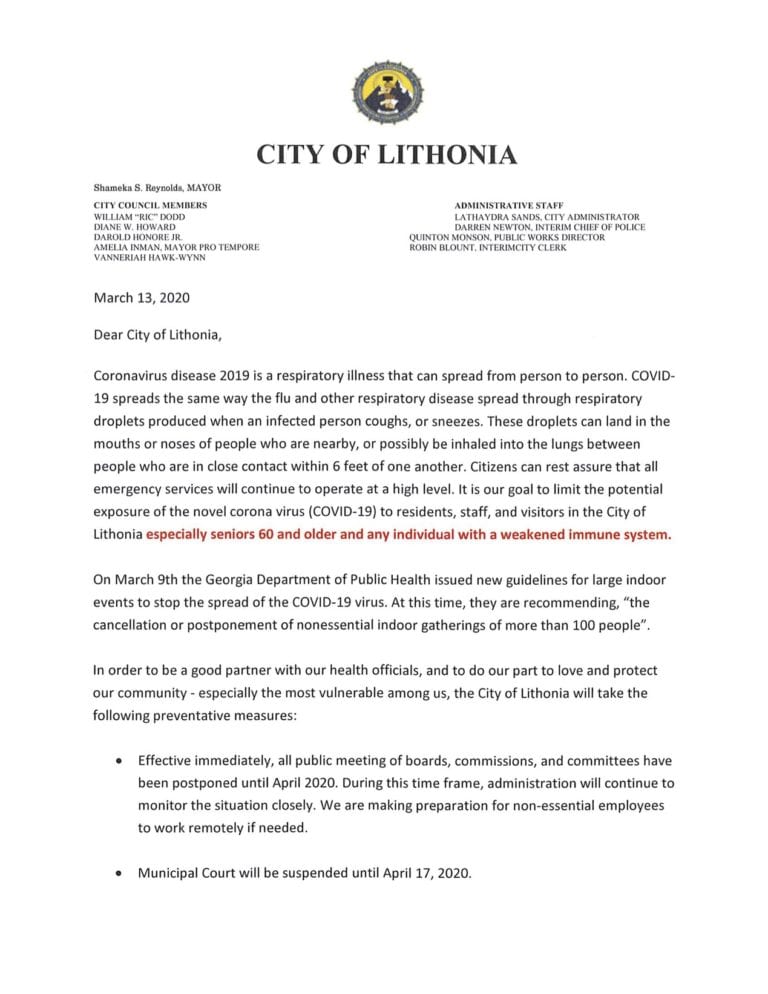 Letter from Lithonia Mayor Shameka Reynolds regarding Coronavirus On